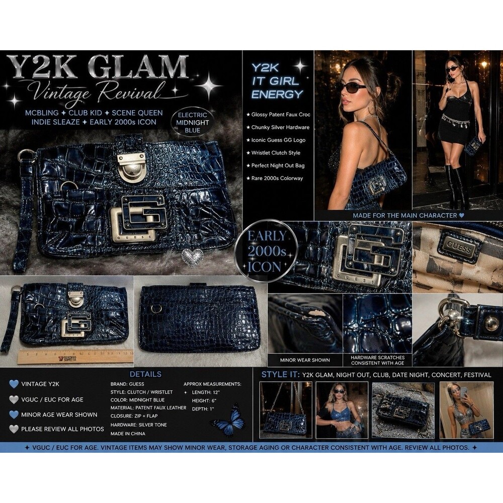 VTG Y2K GUESS Blue Patent Croc Clutch Wristlet McBling Glam Bag